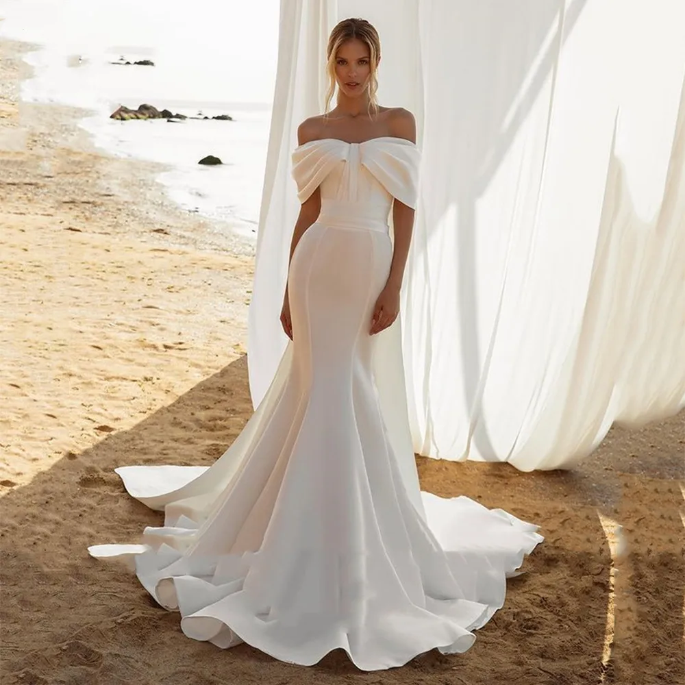 

2022 Elegant Mermaid Stain Wedding Dress For Women Off The Shoulder Court Train Bridal Gowns Custom Made Robe De Mariée