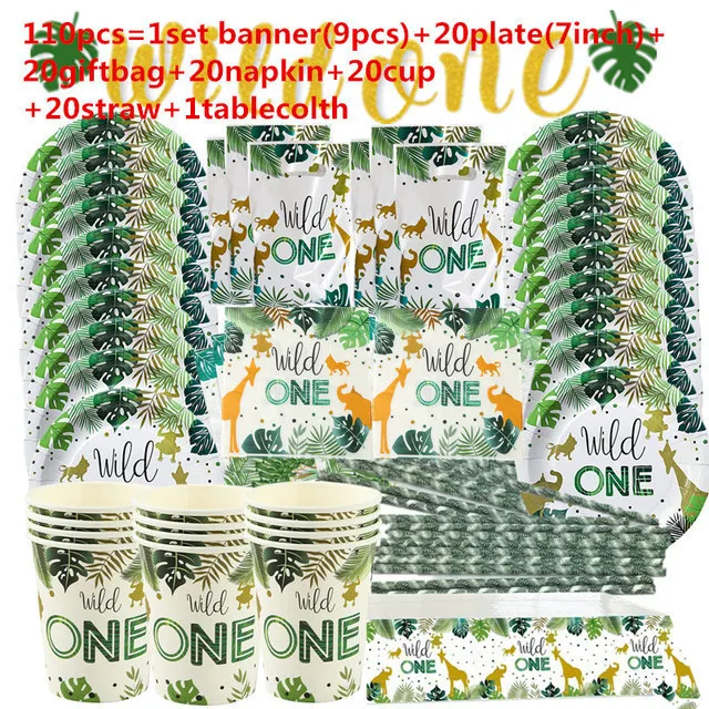 

20 people ues 1set Wild One Safari Jungle Theme Animals Banner cup plate napkin straw tablecloth 1st Birthday Party Dec