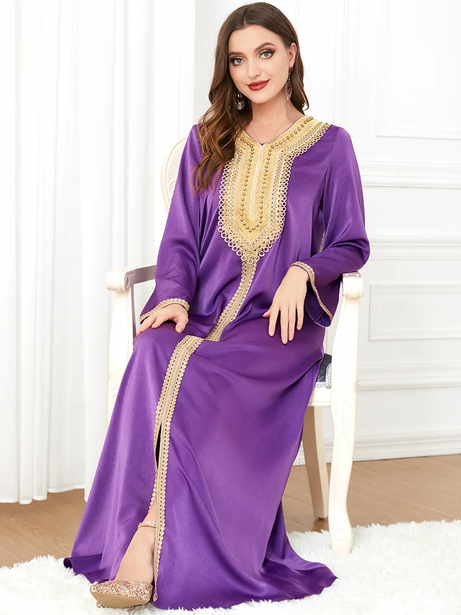 Women Ramadan Muslim Noble Purple Pearl Embroidered Skirt Turkish Indian Abaya Arab Islamic Woman Moroccan Kafutan Gown