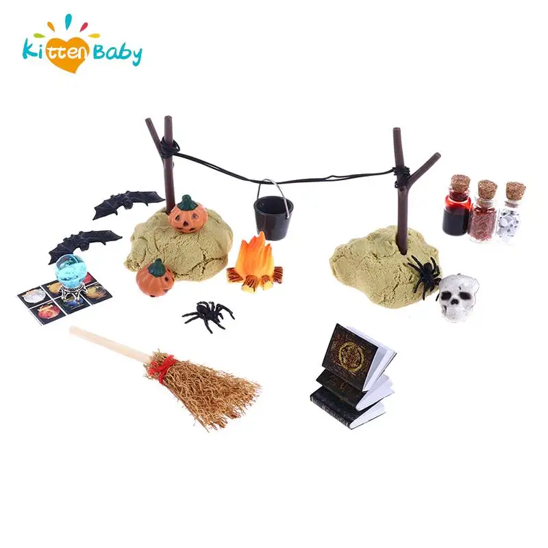 

1:12 Dollhouse Miniature Halloween Horror Toy Set Bat Skull Head Broom Spider Pumpkin Head Magic Book Ornament DIY Festival Deco