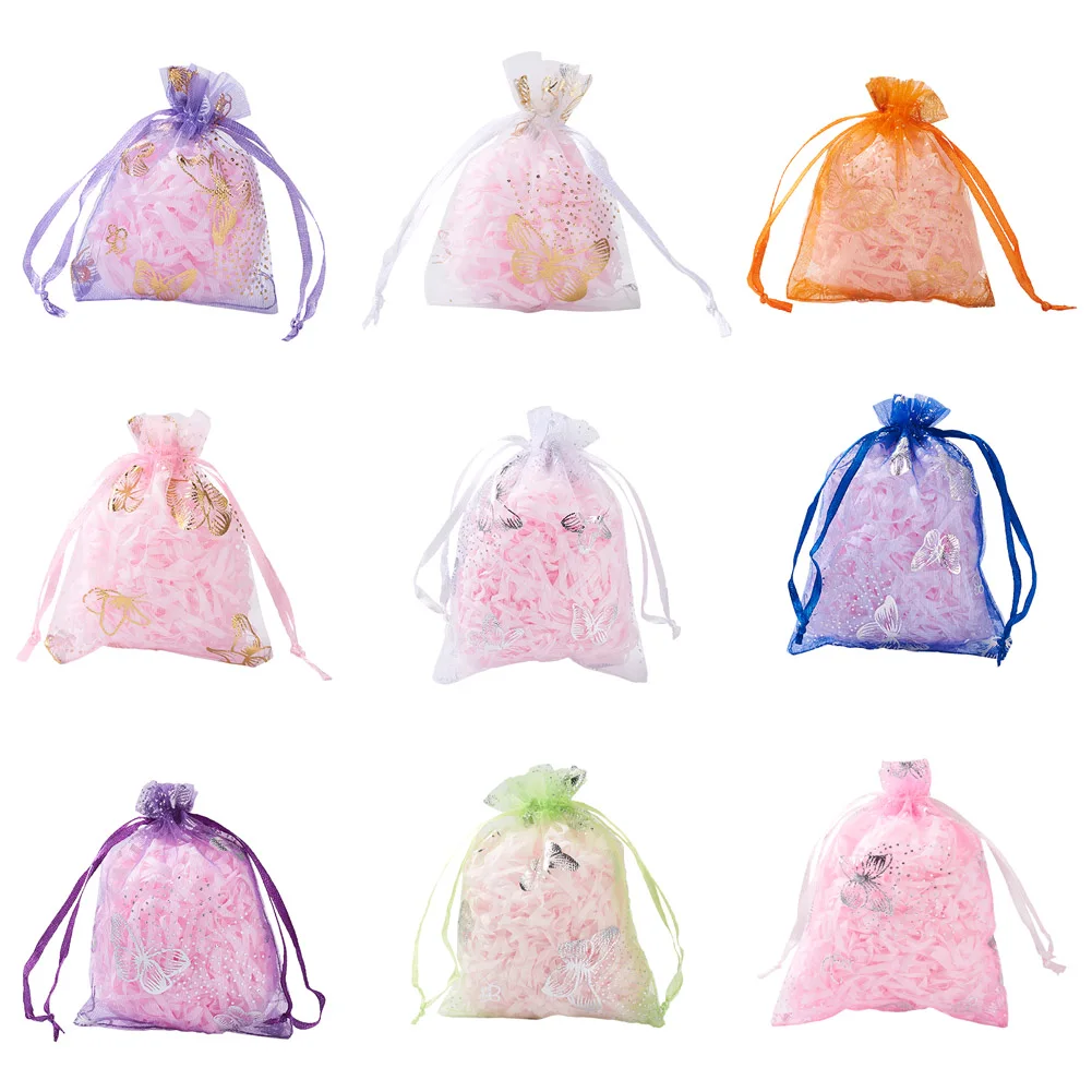 

100Pcs Organza Gift Bags Gold Stamping Butterfly Jewelry Packing Drawable Pouches For Wedding Party Favors Candy Display Pouches