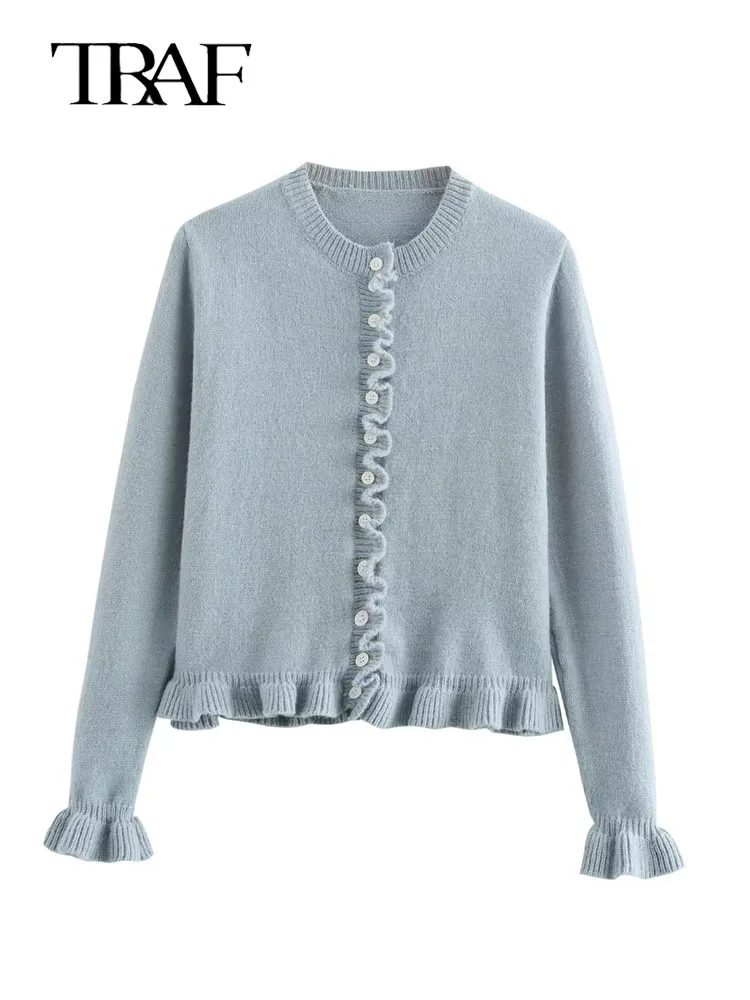 TRAF женский серый вязаный кардиган с рюшами верхняя одежда новый осенний свитер