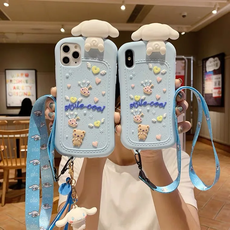 

Sanrio Cinnamonroll 3D Cartoon Doll Lanyard Phone Case For iPhone 13 12 11 Pro Max XR XS MAX 8 X 7 Girl Soft Silicone Cover Gift