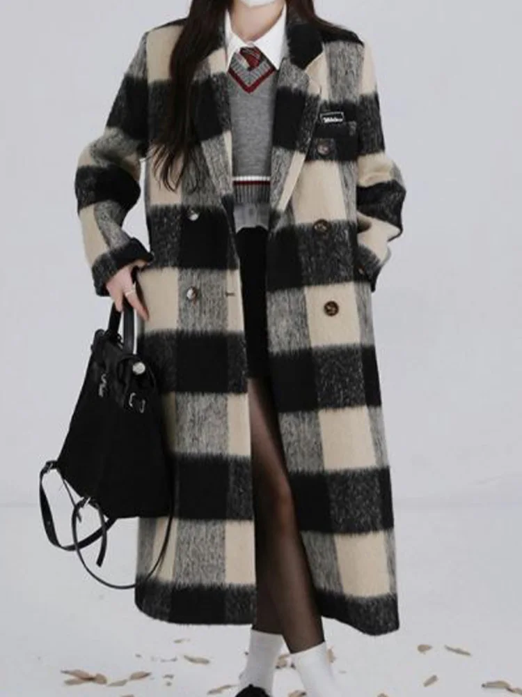 

Повседневное шерстяное пальто в клетку; Удлиненное свободное облегающее пальто; Новинка осени 2023 года; Модная женская одежда в Корейском стиле