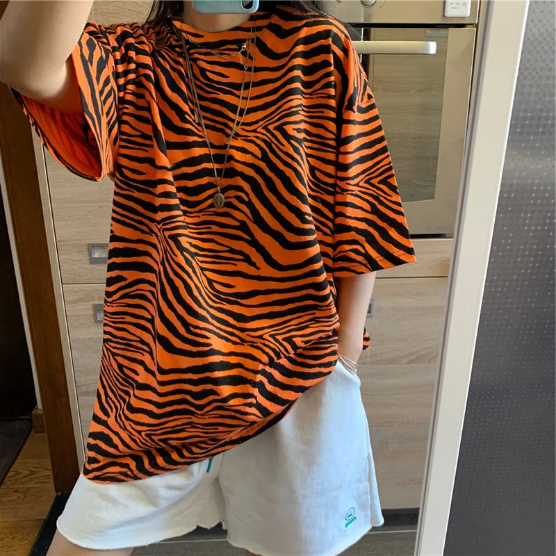 Футболка женская с коротким рукавом уличная одежда в полоску зебры топ круглым