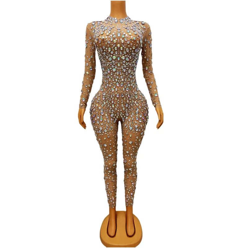 Новый Блестящий Комбинезон с кристаллами AB, сексуальный сетчатый Прозрачный женский боди, комбинезоны, комбинезоны для сцены, дня рождения, танцев, вечерний наряд mantian