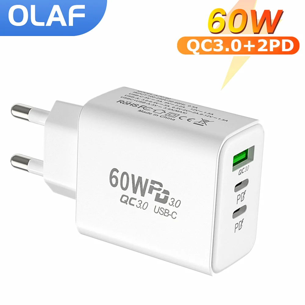 60W USB Type C Charger Quick Charge 3.0 Mobile Phone 3Ports Wall Fast PD Charger Adapter For iPhone 14 13 Samsung Xiaomi Poco f3