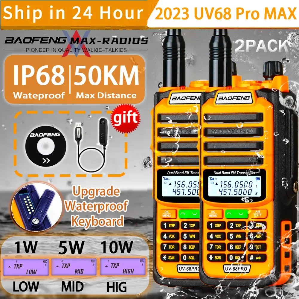 

2pcs 2023 Best Baofeng Radio UV68 P.M V2 IP68 Extreme Waterproofing 10W High Power 50KM Long Range Distance Upgrade UV9R Walkie