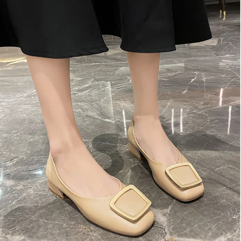 

Женские офисные туфли на высоком квадратном каблуке, туфли-лодочки из искусственной кожи, без застежки, большие размеры 35-41, лето 2022