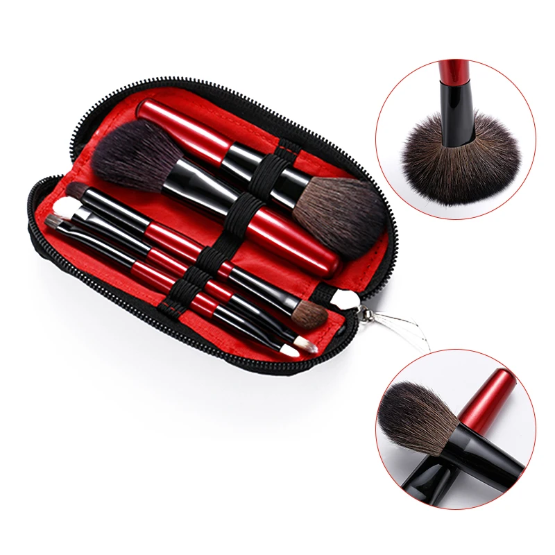 

5 Pcs Cosmetic Makeup Brushes Kit Natural Goat Hair with Travel Case Foundation-contouring-blending-blush-eyeshadow Brushes