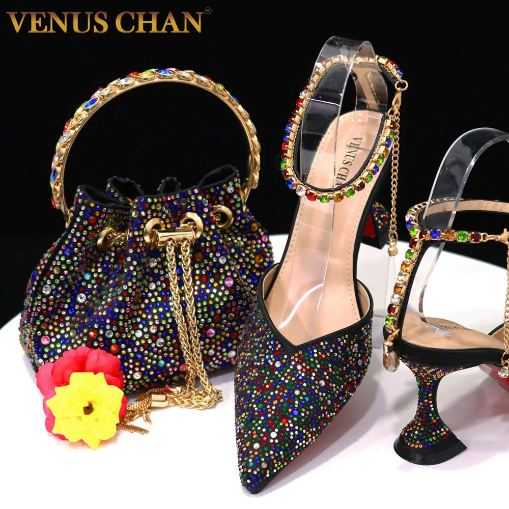 

Venus Chan Women's Mules With New INS High Heel Shoes Pointed Toe Full Color Water Drill Design Shoes and Bags Matching Set