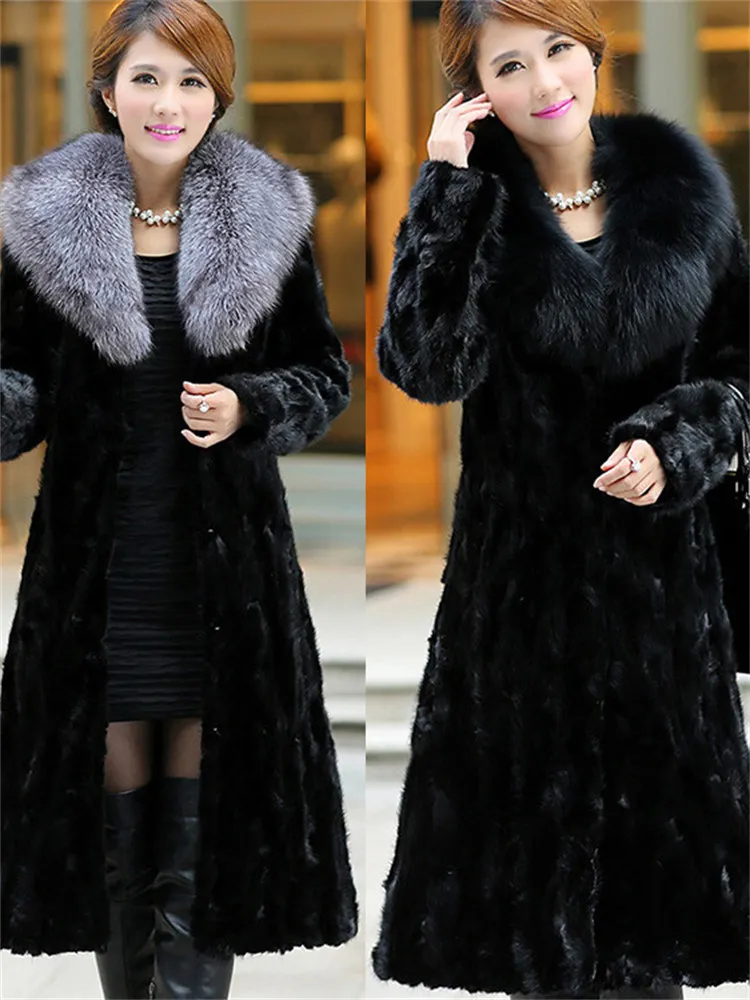 New Imitation Fur Coat Women Autumn Long Mink Fur Coat Big Fox Fur Collar Thick Warm Outer Wear Jacket Winter Clothing N1527