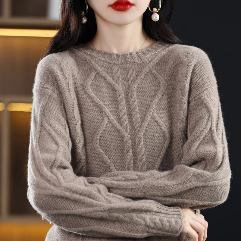 Autumn Winter New Round Neck Cashmere Sweater Women Jacquard Loose Pullover Extra Thick Sweater 100% Pure Wool Knit Base Sweater