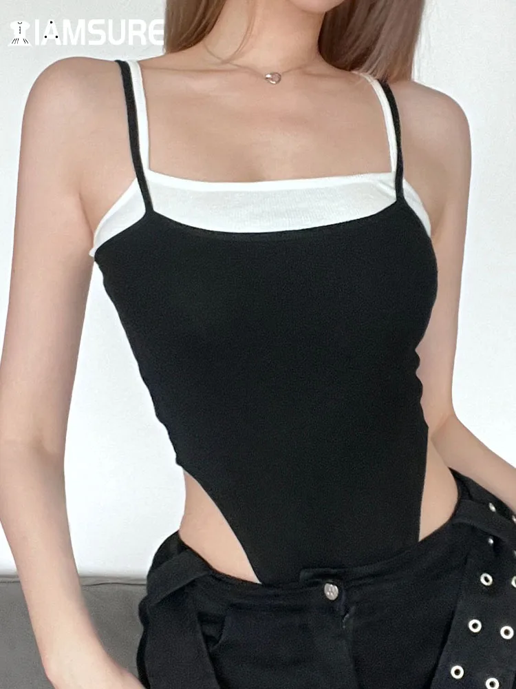 

IAMSURE Basic Slim Patchwork Contrast Color Bodysuits Sexy Skinny Slash Neck Sleeveless Rompers Women 2023 Summer Fashion Ladies