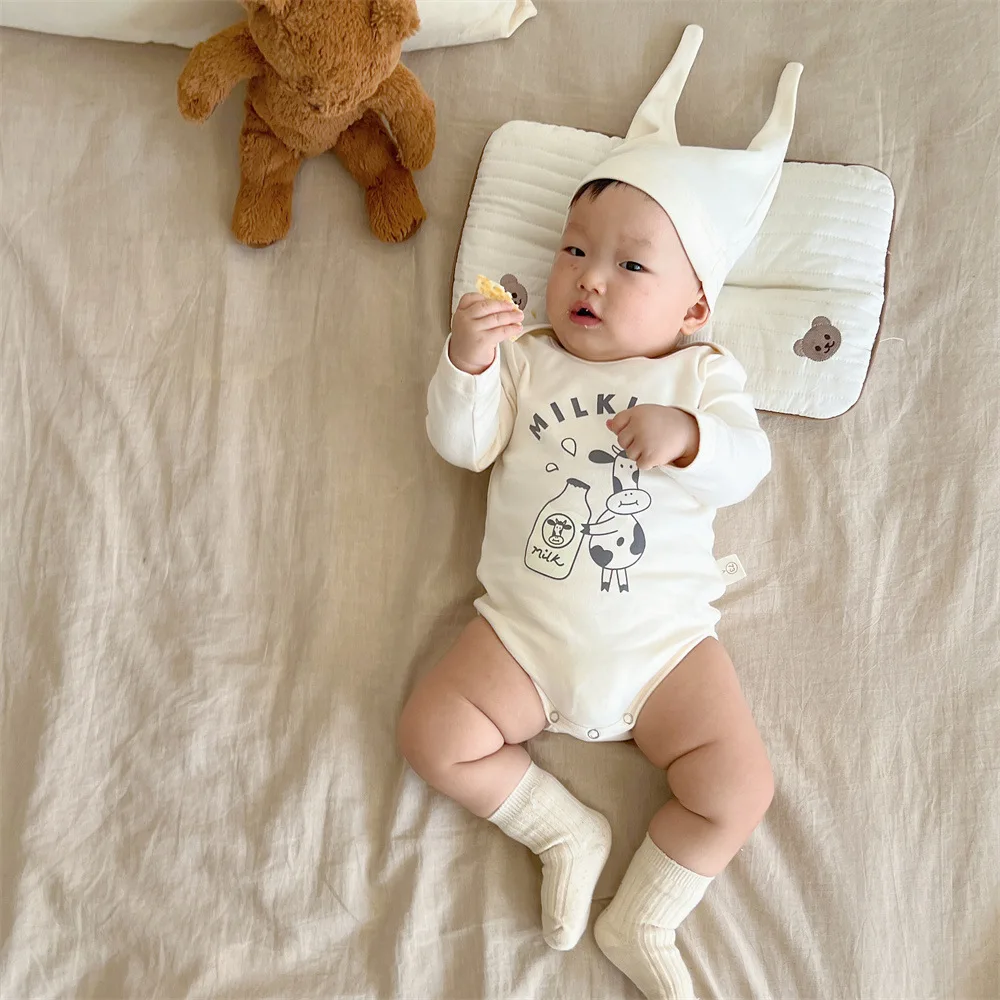 

Infant Girl Cute Milk Bottle Print Full Sleeves Jumpsuit Toddler Boy Fashion Thin Comfortable Cotton Bodysuit With Funny Cap