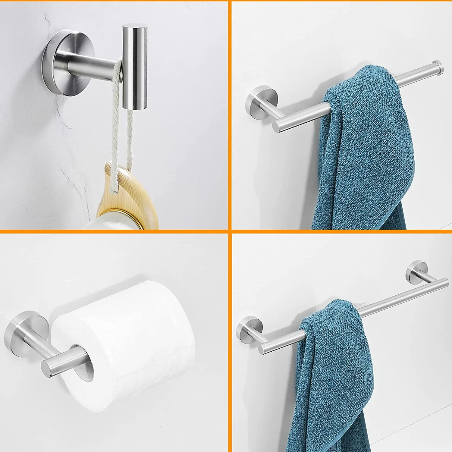

3pc Bathroom Hardware Accessories Set Stainless Steel Polished Chrome 16 inch Towel Bar + Toilet Paper Holder + Hand Towel Rack