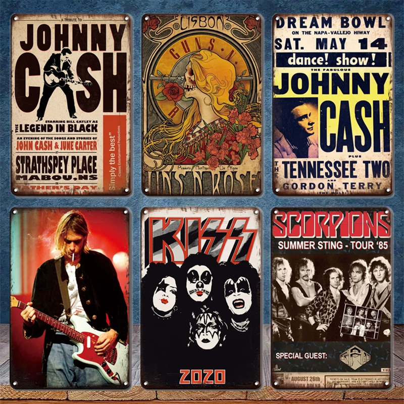

Rustic Nostalgic Rock Music Poster Tin Sign Vintage Band Stickers Metal Plate Signs Retro Man Cave Coffee Bar Home Decor Plaques