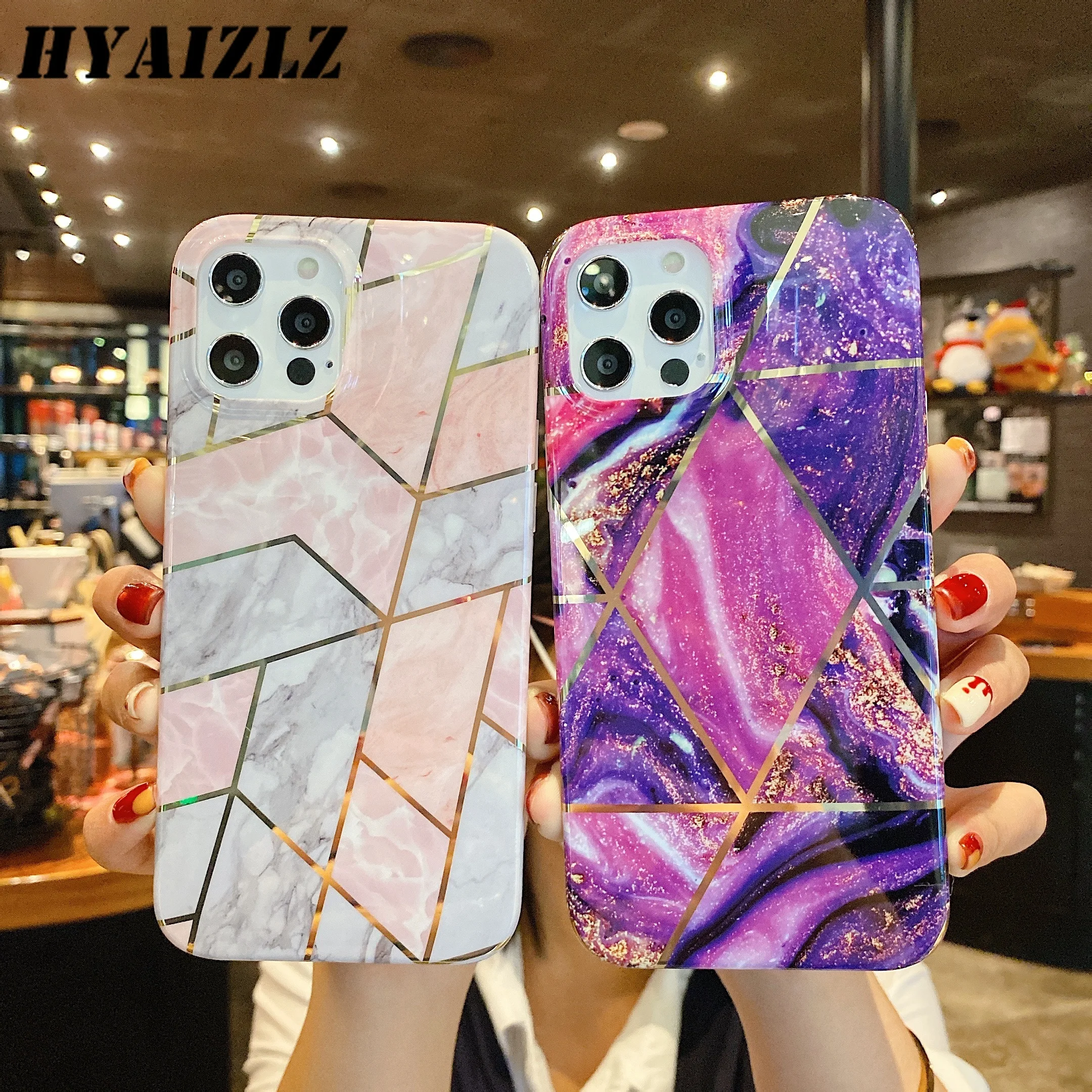 

Geometric Marble Back Cover for iPhone 14 13 12 11 Pro Max Phone Case SE 2020 XS X XR 6S 7 8 Plus Glossy Plating Line Soft IMD
