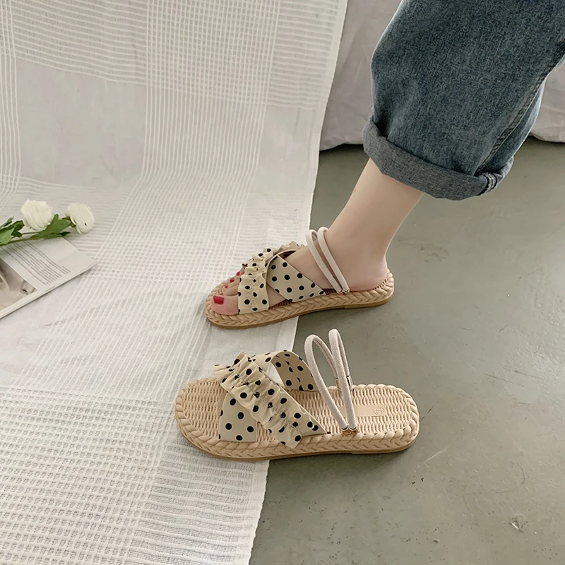 

Shoes Woman 2022 Slippers For Swimming Pool Lady Pantofle Luxury Slides Low Beach Girl Flat New Designer Fabric Cross-tied Scand