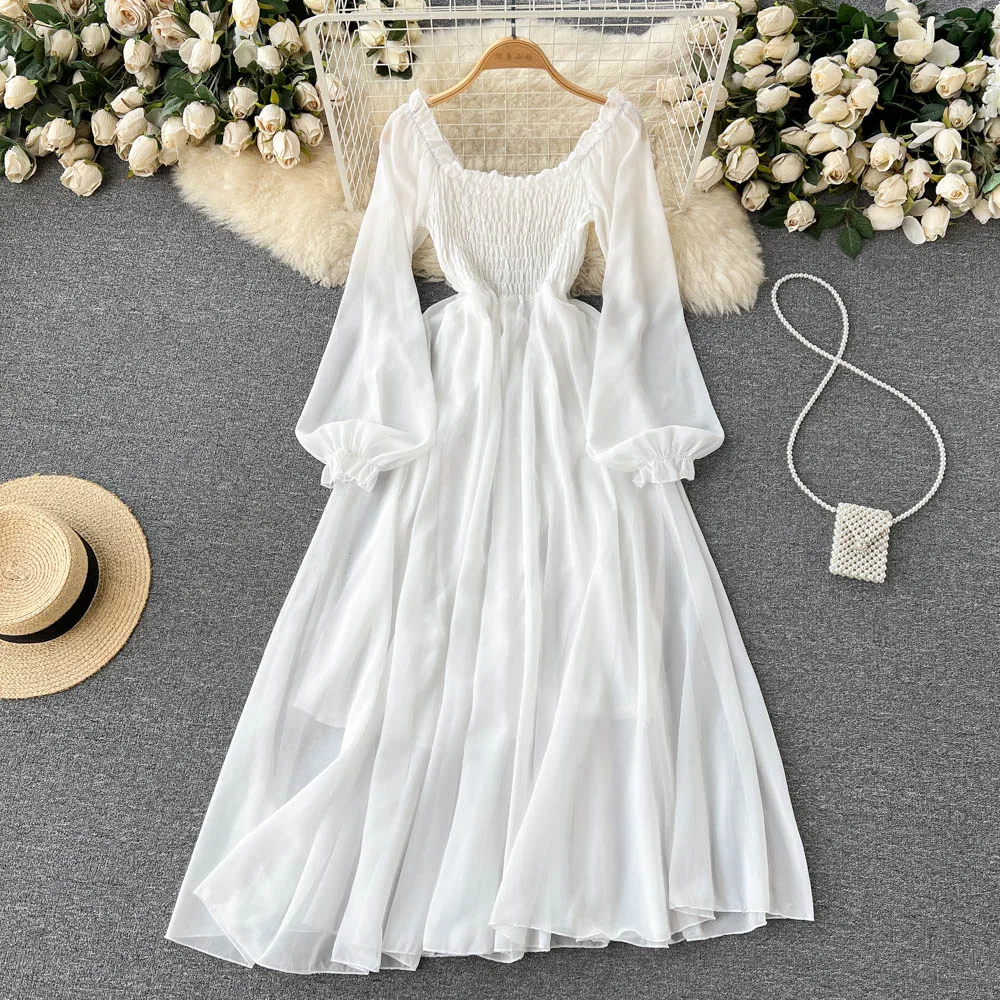 

Fairy Style White Dress Women's Spring Dress New Style Temperament Lantern Sleeve Chiffon Waist Pleated Knee Length Dress