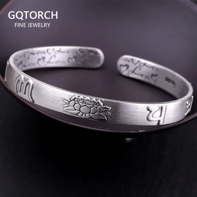 

999 Sterling Silver Lotus Bangle Six Words Embossed Opening Cuff Bracelet For Women Mantra Buddhist Jewelry