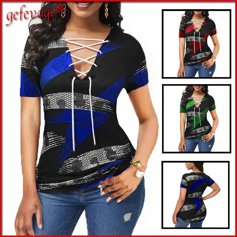 

Hollow Out Sexy Lace-up V Neck Tunic Ladies Tops Women Casual Vintage Print Short Sleeve T-shirts 2022 New Spring Summer Clothes
