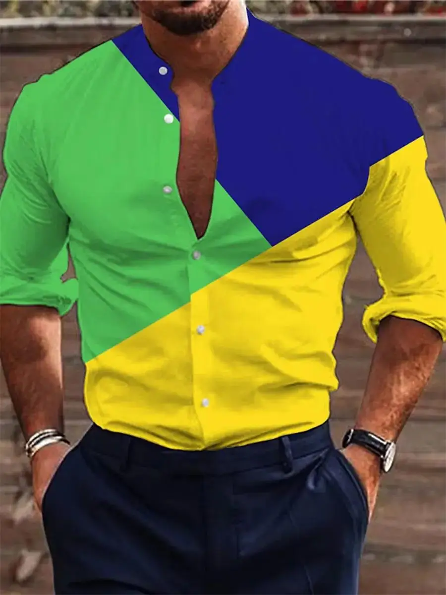 

Men's striped plaid patchwork irregular lapel long sleeve shirt Fashion sports leisure street outdoor wear high quality fabric