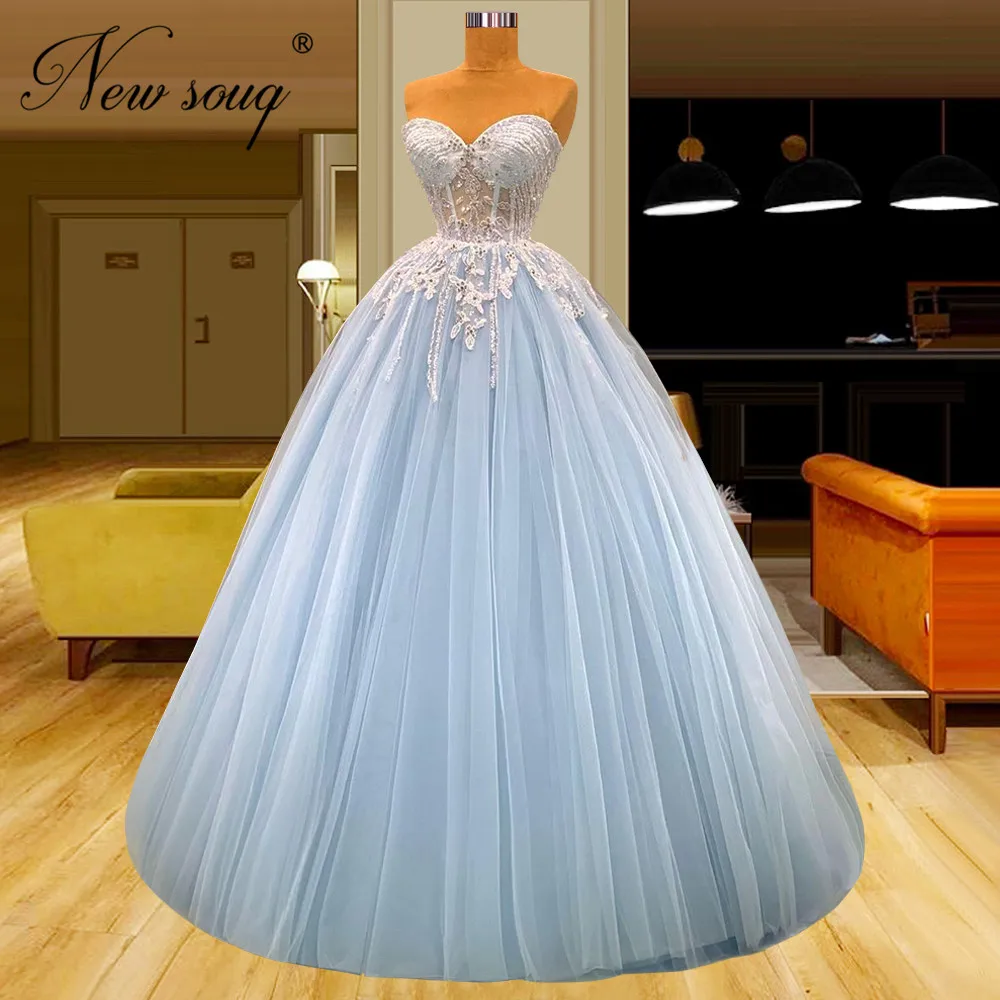 

Luxury Sky Blue Beaded Evening Dress Custom Made A Line Princess Appliques Crystals Evening Wear Prom Dress New Red Carpet Dress