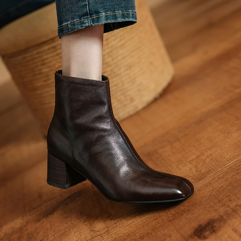Весенне-осенние ботинки из воловьей кожи женская обувь на массивном каблуке