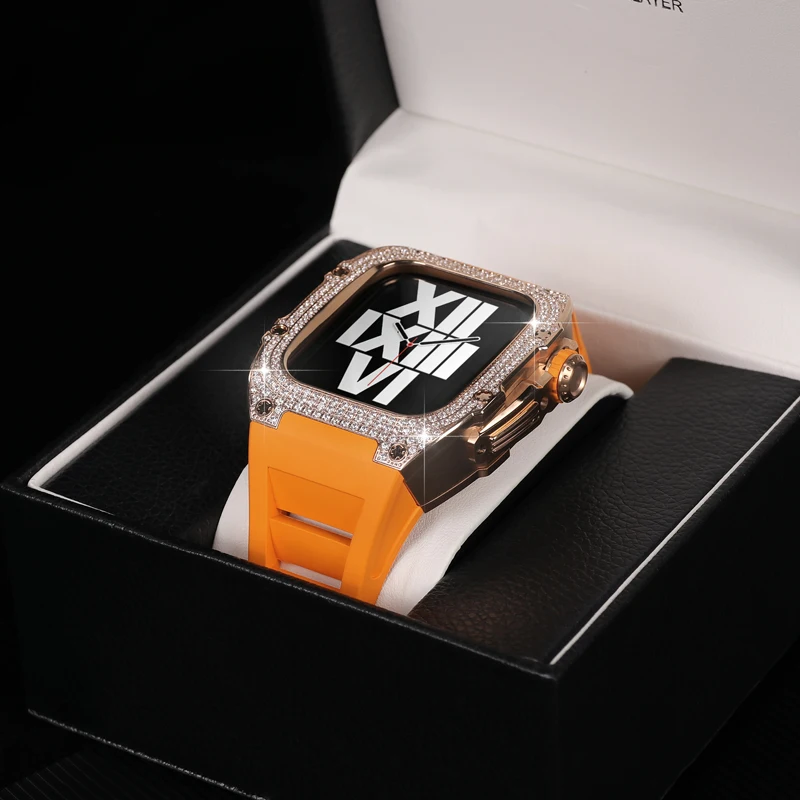 Stainless Steel Case For Apple Watch 8 7 45mm Silicone Strap Luxury Diamond Set Bezel Modification Kit for iWatch 6 5 4 SE 44mm