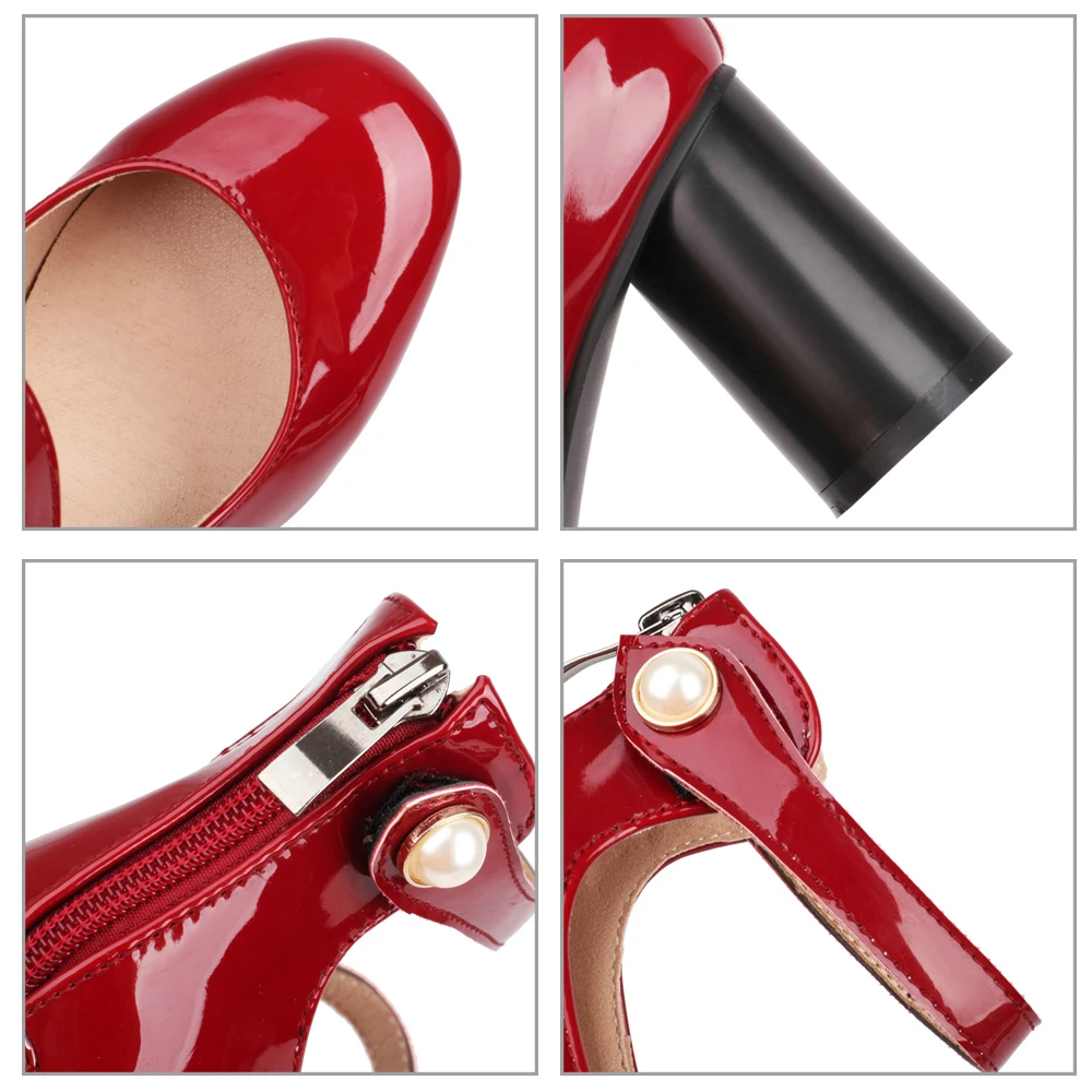 Eokkar Vintage Ankle Strap Patent Leather Mary Janes for Women Block High Heel Shoes Back Zip Rockabilly Shoes Plush Size 48