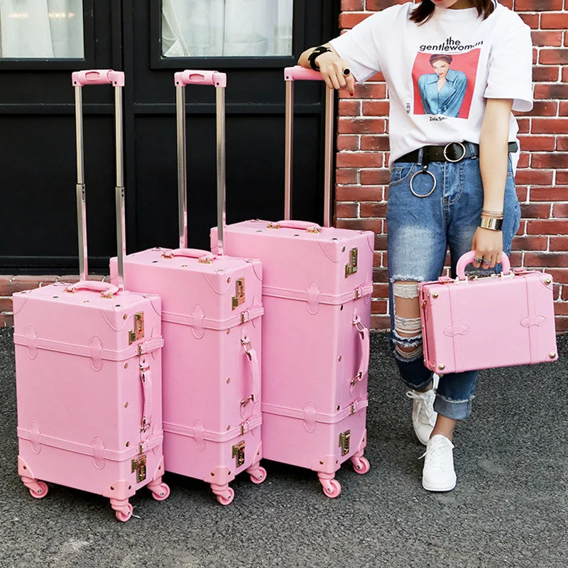 

LEINASEN High quality girl PU leather trolley luggage bag set,lovely full pink vintage suitcase for female,retro luggage gift