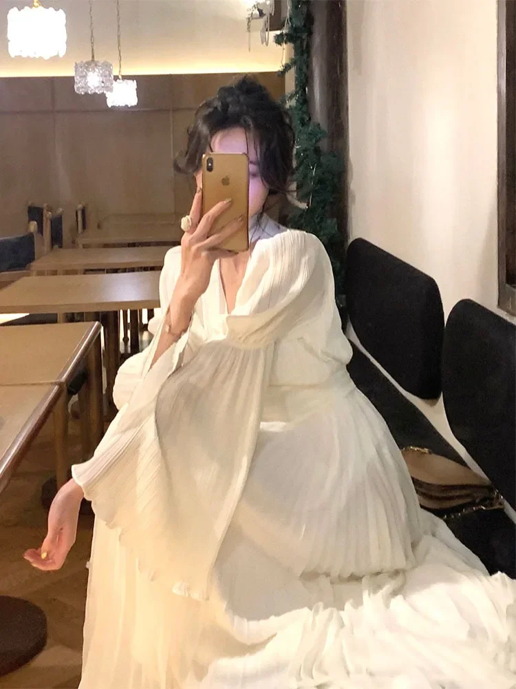 Женское шифоновое платье с V-образным вырезом элегантное белое длинное винтажное