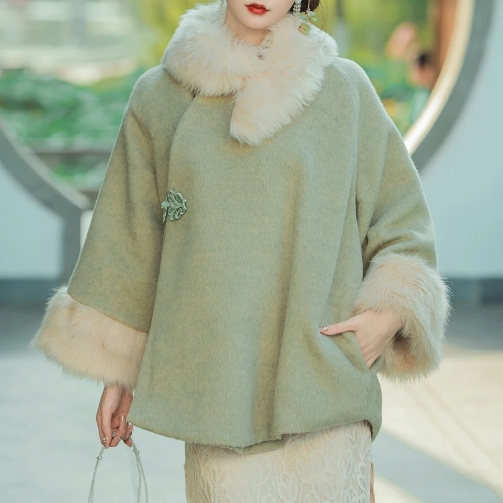 

Autumn Winter Chinese style Girl Sweet Vintage Patchwork Plush Woolen Coat Cute Woolen Jacket Winter Female Cashmere Coats
