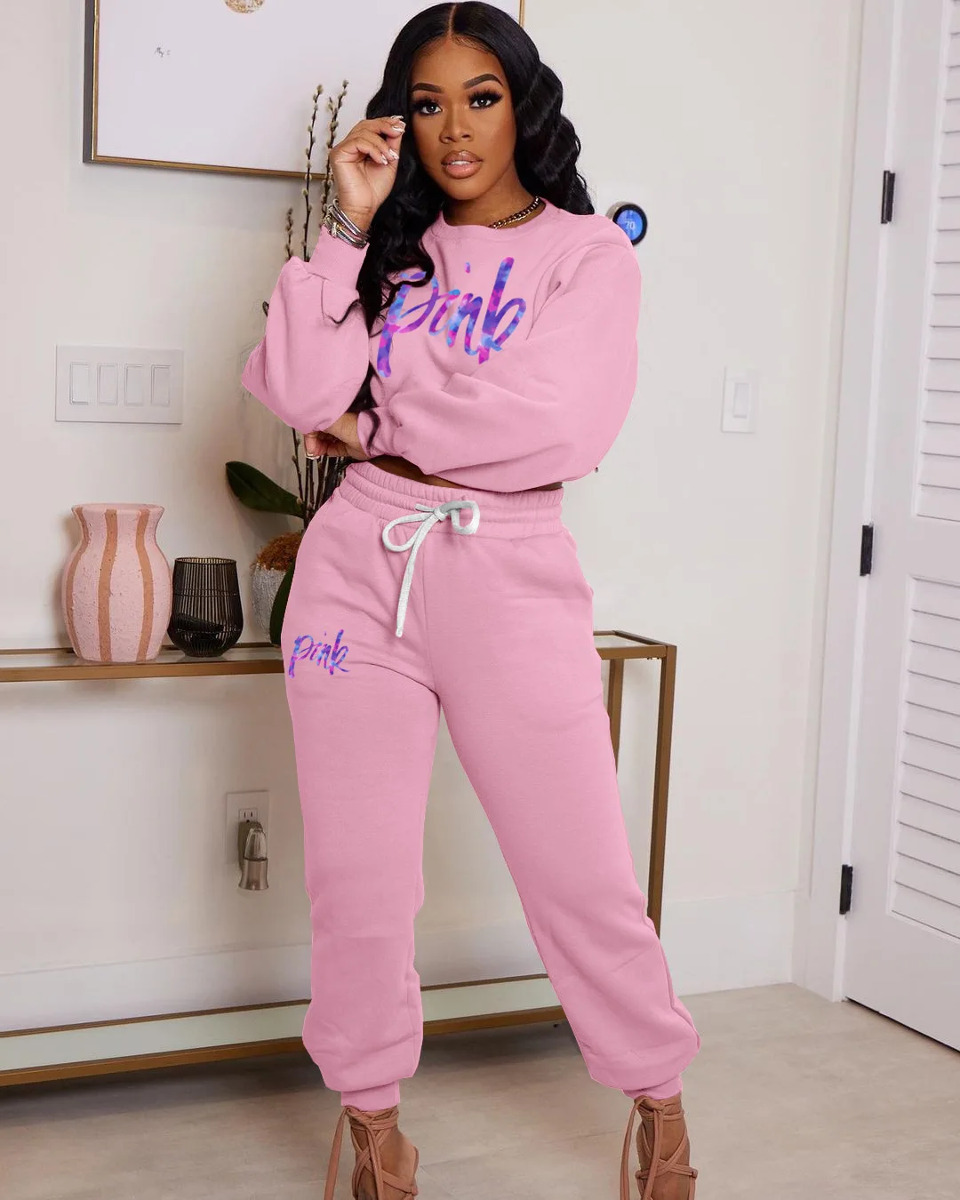 

Letter Pink Print Tracksuit Women Two Piece Sets Clothes Long Sleeve Sweatshirts Tops Loose Casual Pants Jogger Suits