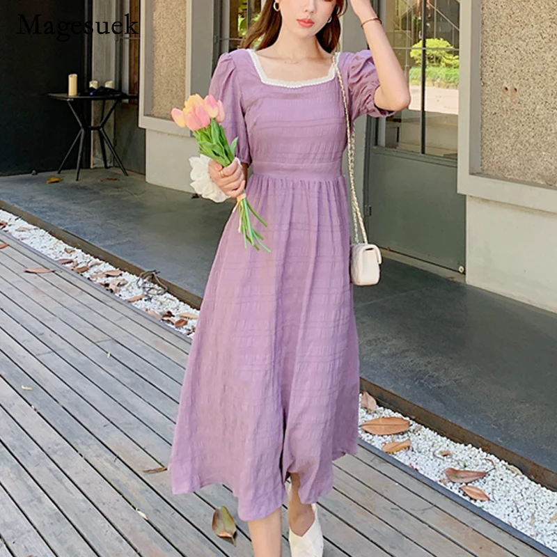 

Korean Short Sleeve Square Collar Elegant Party Dress New Fashion Korean Chic Summer Long Dress Chiffon Solid Color Robe 22464