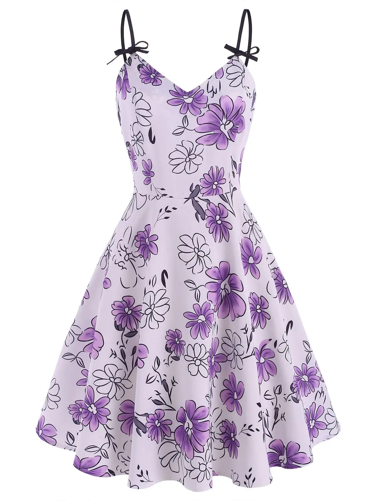

Dressfo Knee-Length Floral Dress Bowknot Flower Planet Women Cami Sundress Summer Spaghetti Strap Sleeveless Flare Dress