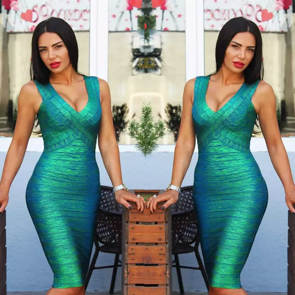 

Celebrity New High Quality HL Gold Green Stretch Rayon Bandage Dress Evening Party Dress Vestidos