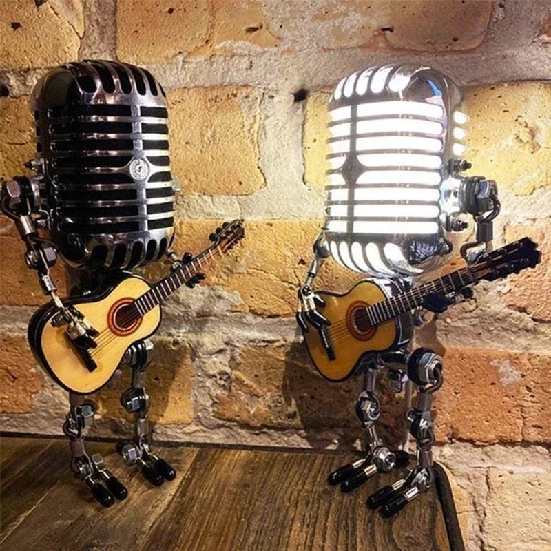 

Hot Sale Vintage Microphone Robot Lamp Play Guitar Desk LED Lamp Light Vintage Miniatures Crafts Lighting Office Home Decoration