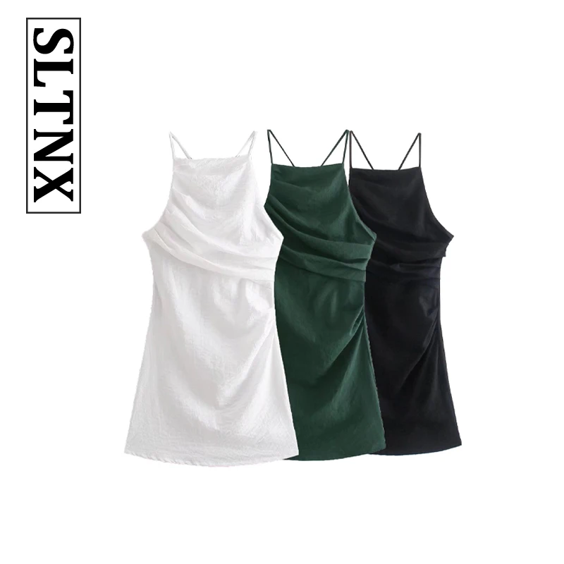

SLTNX2022 Summer New Three-color Fashion Sexy Slim Cotton Linen Sleeveless Pleated High Waist Short Skirt Suspender Dress
