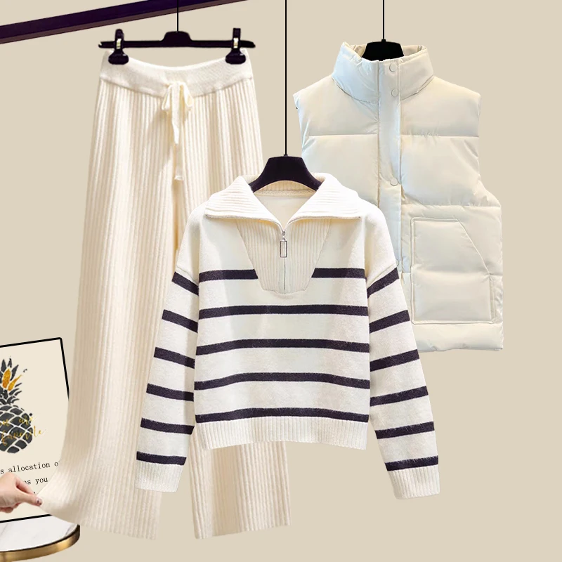 

Autumn dress with a full set of women's striped sweater vest casual pants small fragrance Korean version wear with a three-piece