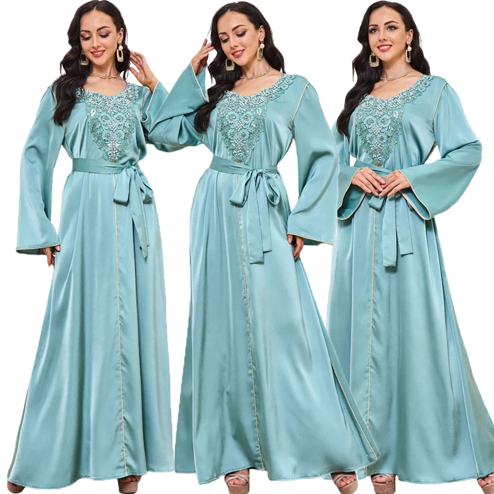 

Дубай Abaya модная шикарная Этническая Вышивка бриллианты длинный рукав круглый вырез створки элегантный Caftan для женщин Саудовская Аравия Рамадан