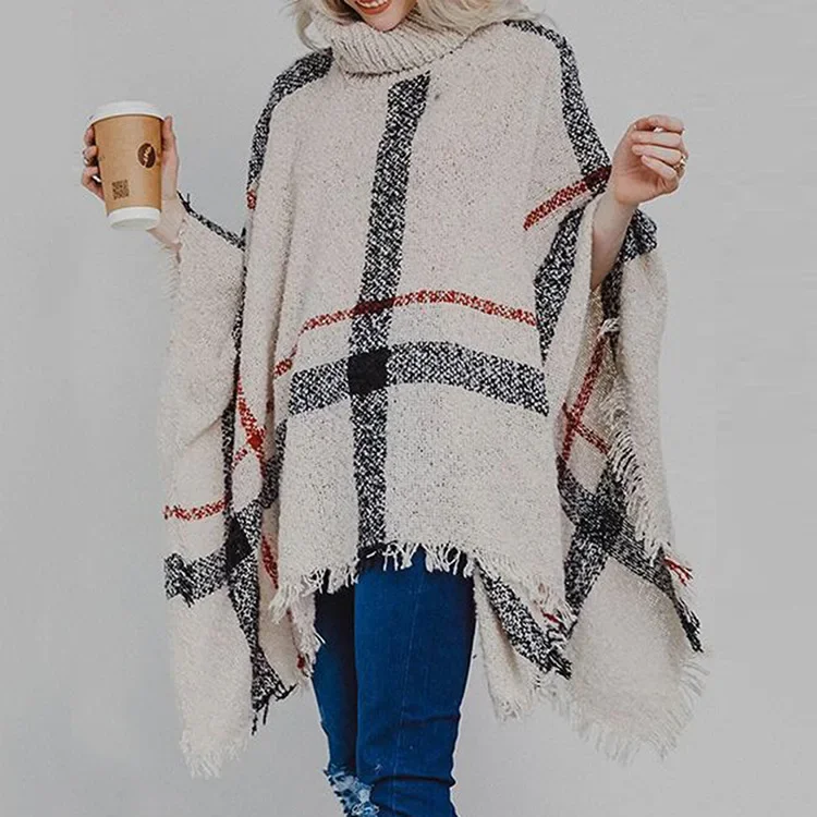 

Fall/Winter 2023 Sweater Women's Mid-length Half High Collar Fringe Loose Cape Shawl Plaid Print Knitwear Casual Elegance Sexy