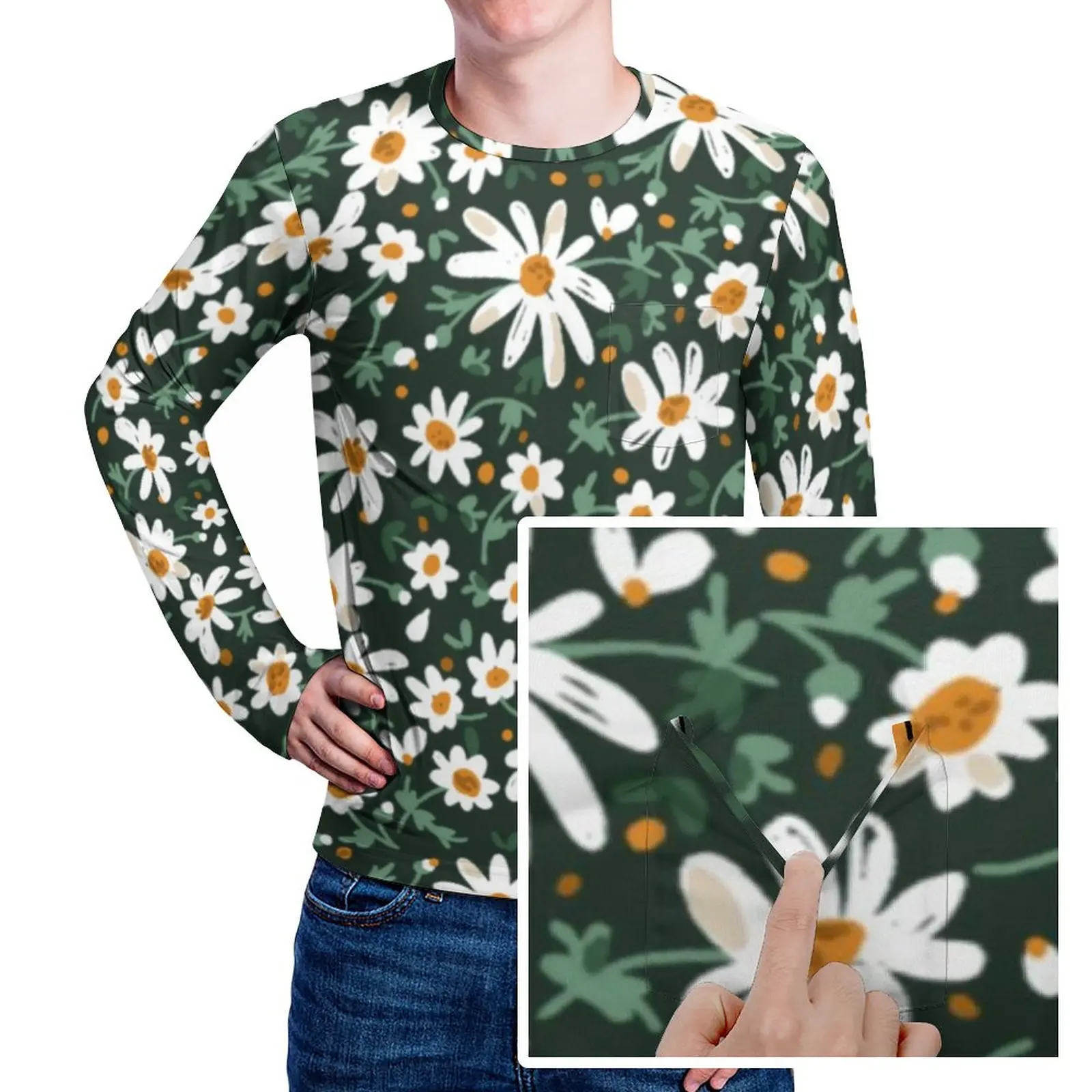 

Футболка мужская с цветочным принтом, элегантная белая рубашка с карманами, с длинным рукавом, в стиле хиппи, осень