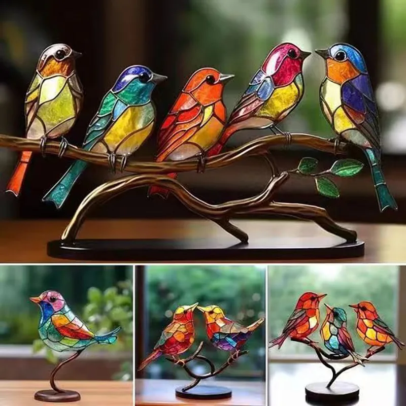 

Manual Stained Acrylic Birds on Branch Desktop Ornaments Acrylic Material Double Sided Multicolor Style Birds Alloy Decorations