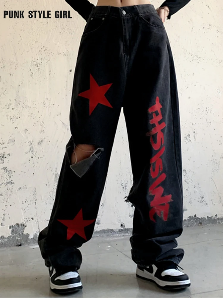 Alt Clothes Ripped Jeans Red Star Print Cargo Pants Goblincore Cyber Y2k Denim Wide Leg Pants Casual Straight Baggy Trousers