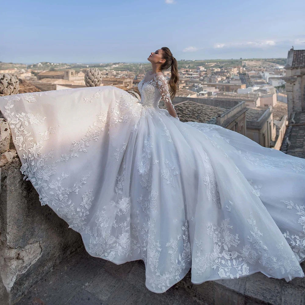 

Roseca Ye Romantic Lace Princess Ivory Wedding Dresses For Women Bride 2023 Full Sleeves O Neck Court Train White Bridal Gown