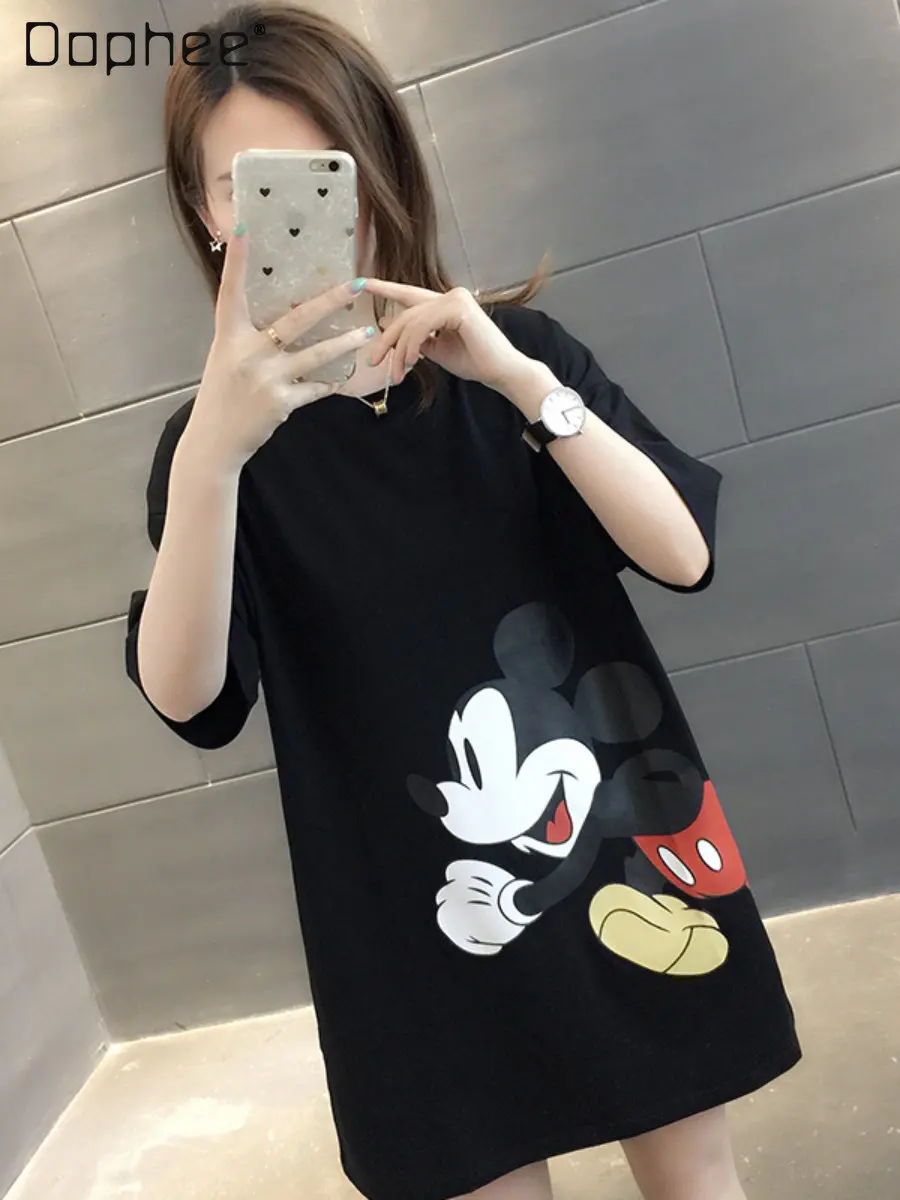 

Летняя женская одежда, новинка, хлопковая футболка с коротким рукавом, Удлиненная рубашка средней длины с мультяшным принтом, тонкая футбол...