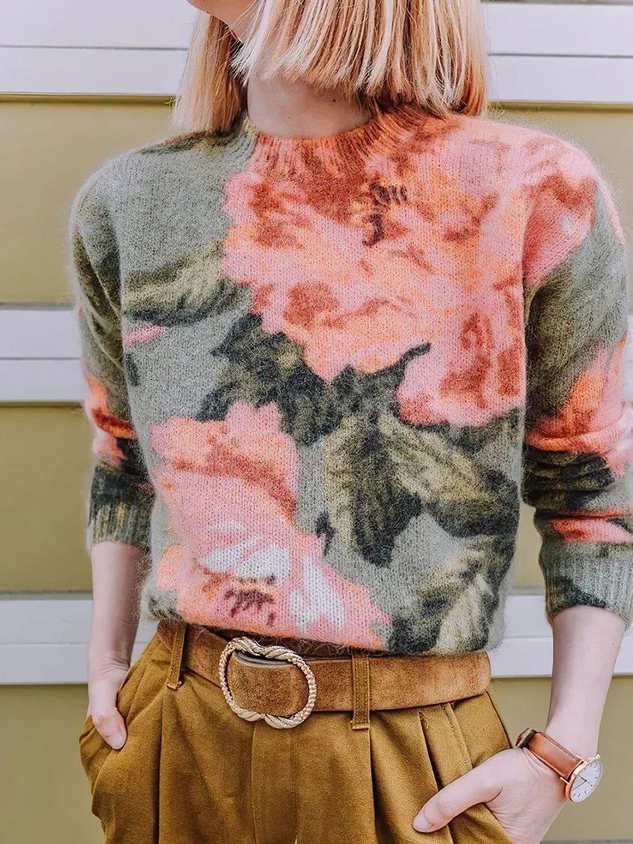 

Женский разноцветный мохеровый свитер, элегантный винтажный пуловер с цветами, Осень-зима