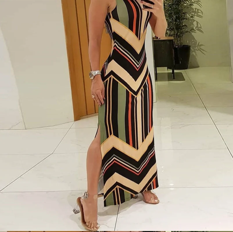 

Colorful Striped Print Side Slit Maxi Dress Women Colorblock Sleeveless Slim Long Dresses summer beach robe فساتين مناسبة رسمية